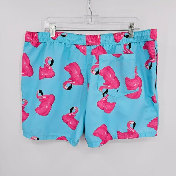 Asos Swim Shorts 2XL Blue Pink Flamingo Print Unlined Pockets Elastic Waist Tie - Picture 10 of 12